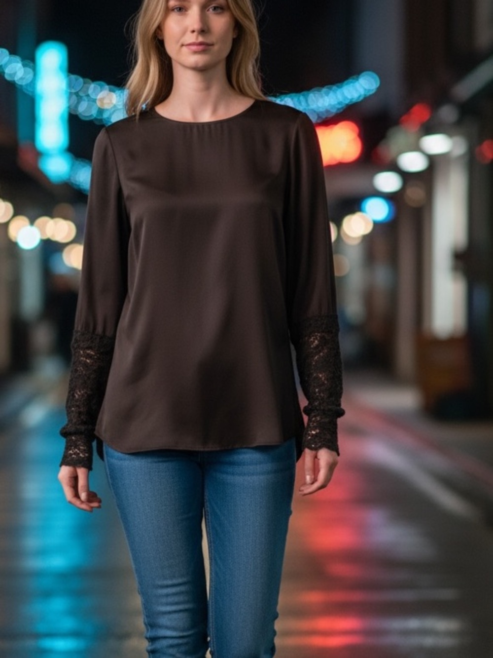 Brunello Cucinelli anthracite silk Long-Sleeve Blouse with cashmere lace cuffs